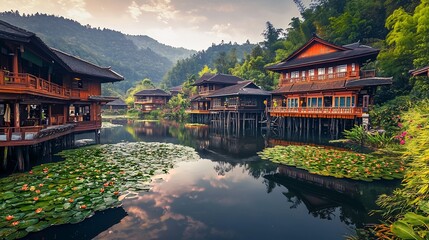 Fototapeta premium Scenic view of traditional stilt houses over a pond with lily pads in a mountain valley