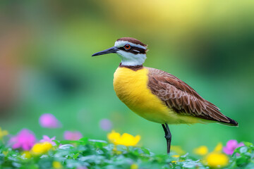 Obraz premium Brightly Colored Bird Stands Among Vibrant Blossoms in Lush Green Garden Environment