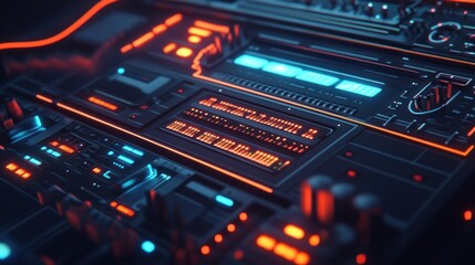 Obraz premium Futuristic electronic music production console with glowing panels and knobs.