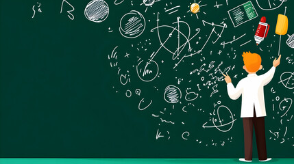 A young educator passionately illustrates complex scientific ideas on a chalkboard