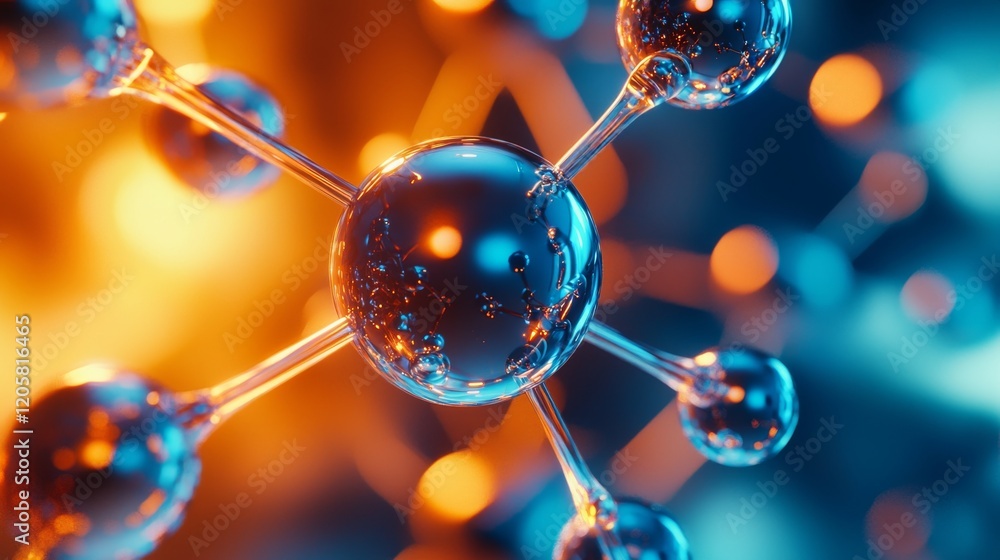 Canvas Prints close-up of a molecular structure, metallic and glossy atoms connected by thin bonds, floating in a 