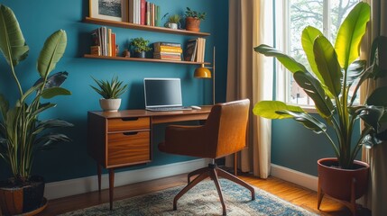 Mid-century modern office interior with wooden desk and vibrant plants in natural light
