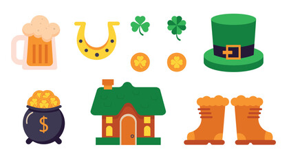 St. Patrick's Day Icon Set Collection.  Colorful St. Patrick's Day icon set featuring beer, shamrocks, leprechaun hat, coins, boots, a pot of gold, and a festive house