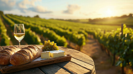 Rustic Breakfast Scene in French Vineyard with Bread, Cheese, and Grapes at Sunset