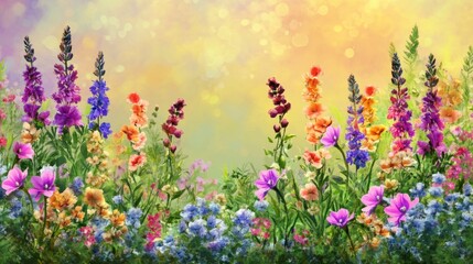 Colorful wildflowers bloom in summer garden bokeh background; web banner