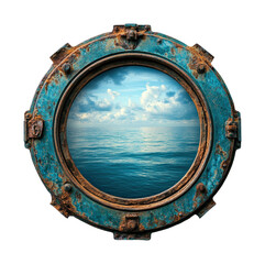 Rustic porthole view of calm ocean waters under cloudy sky seaside nautical serene landscape
