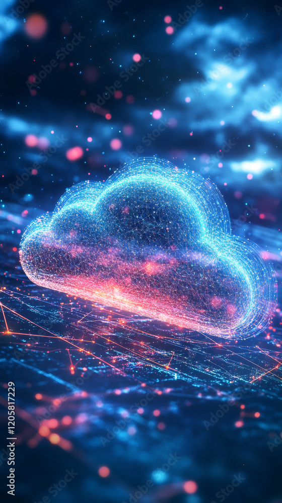 Poster cloud computing network connecting data on digital cyberspace, server room analysis and processing b