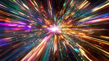 Abstract vibrant explosion, radiating colorful light streaks and particles.