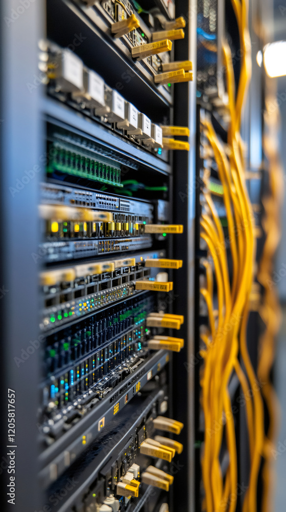 Poster network servers in a data center are processing and transferring digital information through fiber o