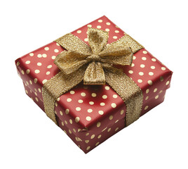 Festive red gift box with golden ribbon holiday decoration studio setting top view