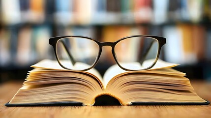 Open book with glasses on wooden table
