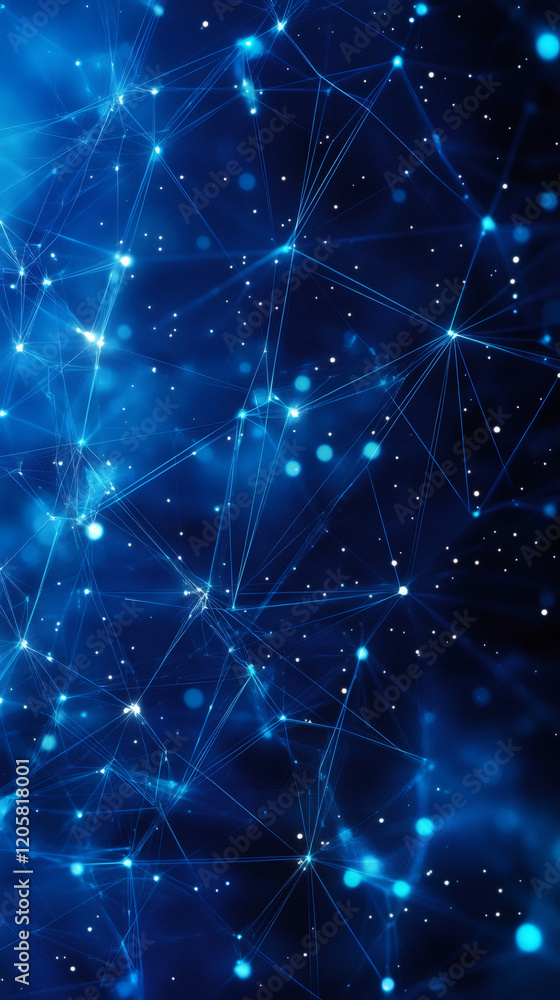Poster Complex network of interconnected nodes and lines forming a futuristic plexus structure, symbolizing communication, technology, and data flow