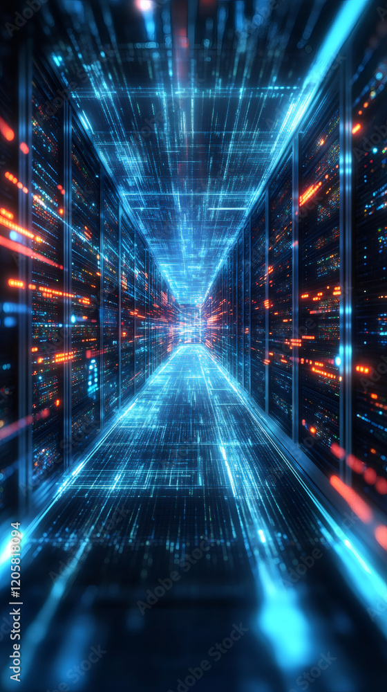 Aufkleber Digital data streaming through high-tech server room, generating vibrant blue-orange luminescence