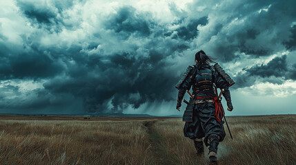 Samurai Warrior in Full Combat Gear Traversing a Wide Open Field Under Dark Clouds