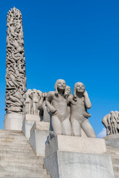 Oslo, Norway-23 September 2024; The Monolith (Monolitten) sculpture in public Frogner Park or informally Vigeland Sculpture Park with Vigeland installation of sculptures created by Gustav Vigeland