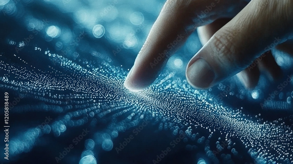 Poster human finger interacting with futuristic digital data interface. abstract visualization of technolog