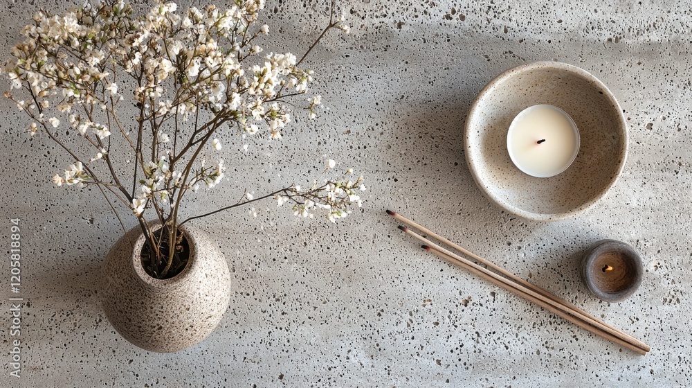 Poster a calm layout showcases a textured surface with a simple vase of tiny white flowers, a glowing candl