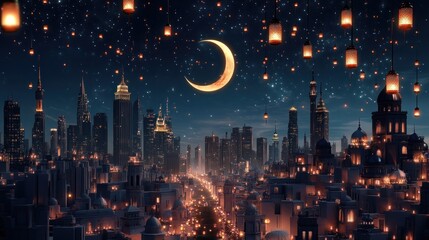 Obraz premium Night city, crescent moon, lanterns, celebration, fantasy, cityscape, magical, festival, hope, wishes