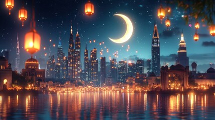 Fototapeta premium Nighttime cityscape, crescent moon, lanterns, celebration, reflection, festive, Middle East, advertising