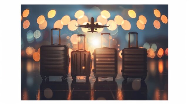 Dynamic travel themed business visuals with suitcases, airplanes, and blurred cityscapes - Powered by Adobe
