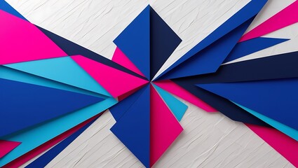 Modern and minimalist design with overlapping geometric shapes in blue, pink, and yellow against an abstract background
