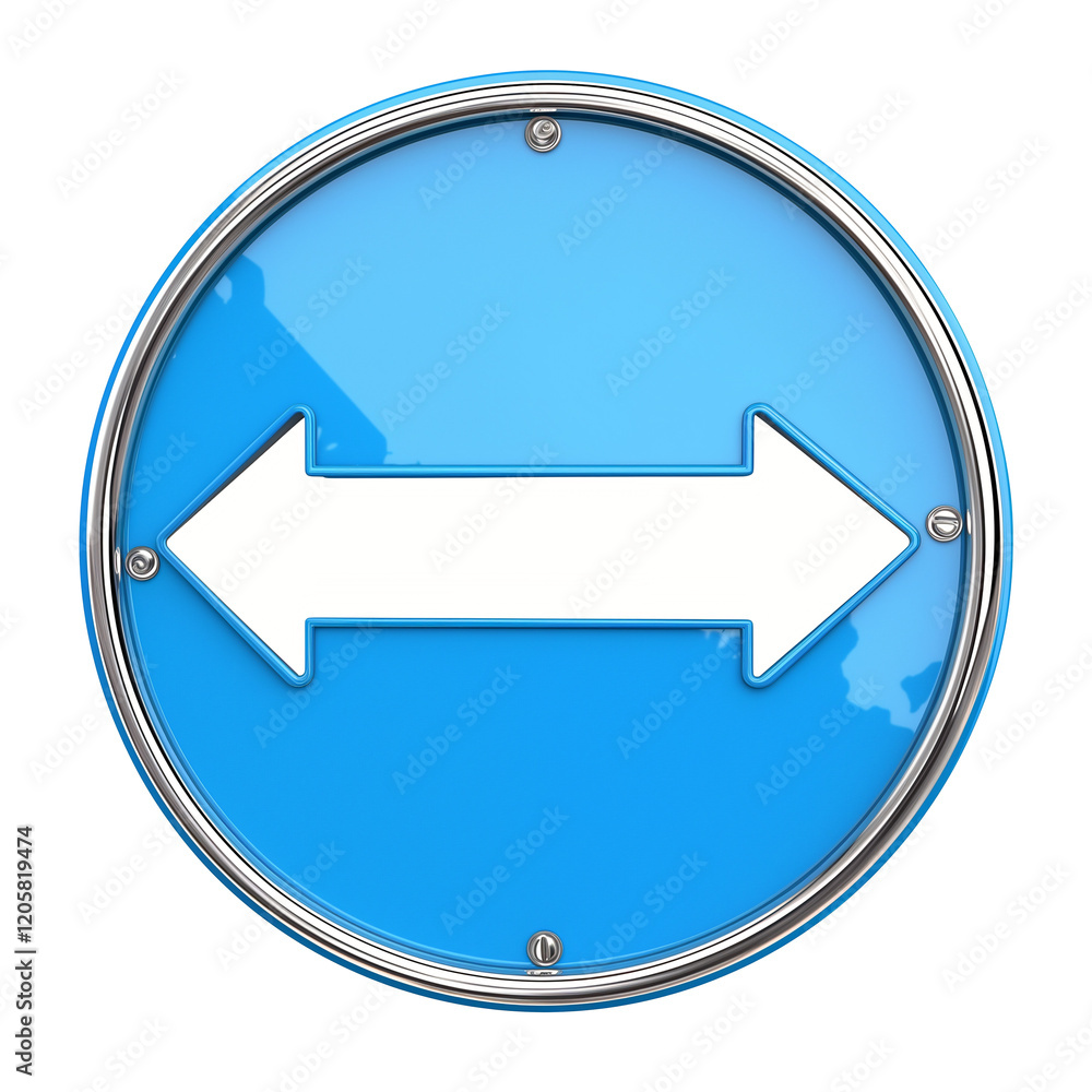 Poster blue circular sign with metallic sheen features white double headed arrow, isolated on transparency 