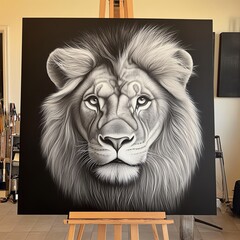 Stunning black and white lion portrait painting.  Large format canvas art showcasing majestic feline detail. Powerful and elegant artwork.