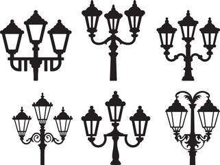 Lampost light pillar street light lantern, streetlight object. Vector antique vintage gaslamp on column, outdoors illumination. Street lamp