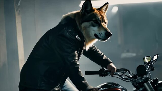 A biker adorned with a striking wolf mask sits confidently on a powerful motorcycle. The dimly lit garage adds an air of mystery as shadows dance around. The thrill of the ride beckons.