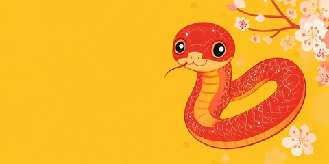 Fototapeta premium Golden and red cute baby snake, Happy New Year, 2025 chinese and lunar year of the snake celebration