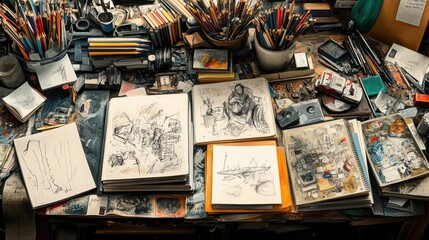 Obraz premium Artist's cluttered desk overflowing with sketches, drawings, and art supplies.