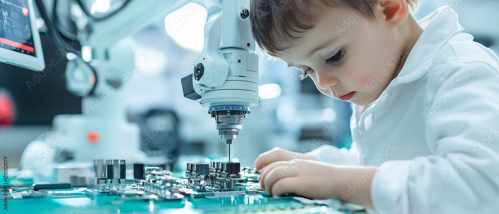 Poster young child in white shirt is intently observing robotic arm assembling electronic components on cir