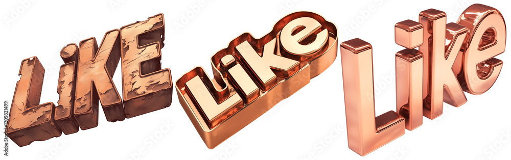 Poster three dimensional like text in various copper finishes, including rustic, polished, and brushed styl