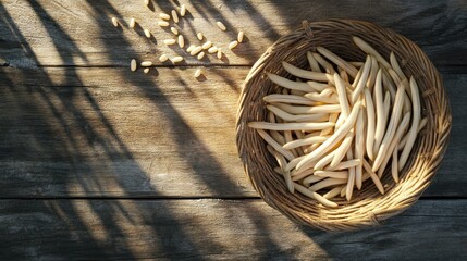 Fototapeta premium Sunlit yellow beans in basket on rustic wood