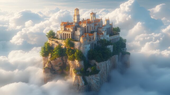 Majestic castle perched atop a floating island amidst fluffy clouds, bathed in golden sunlight.