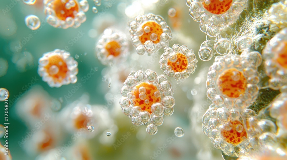 Poster microscopic view of orange and white spherical cells in teal liquid with bubbles: a detailed 3d rend