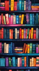 Naklejka premium A vibrant and seamless book-themed pattern featuring colorful books arranged like a bookcase, perfect for lively backgrounds, decor, and educational themes.