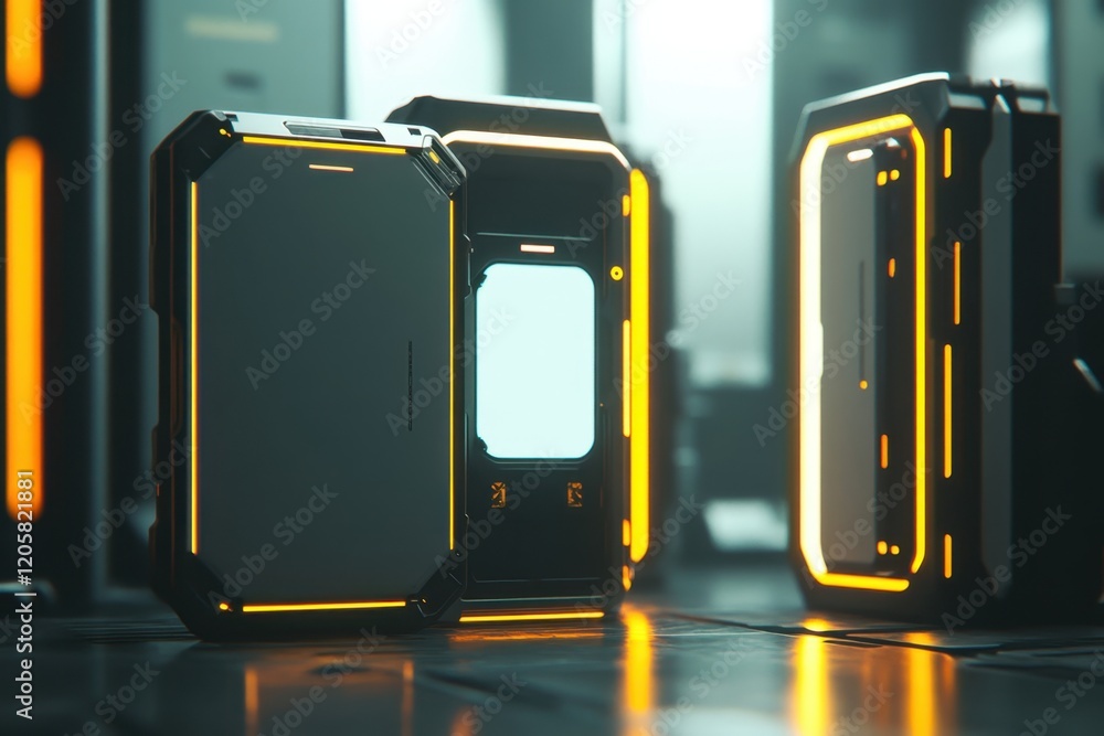 Poster futuristic technology devices with glowing features in a modern workspace environment