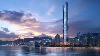 Obraz premium A sleek skyscraper with a mirrored glass facade reflecting the city skyline