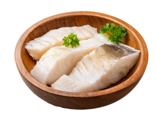 fresh cod fish fillet in a wooden bowl isolated on transparent background 