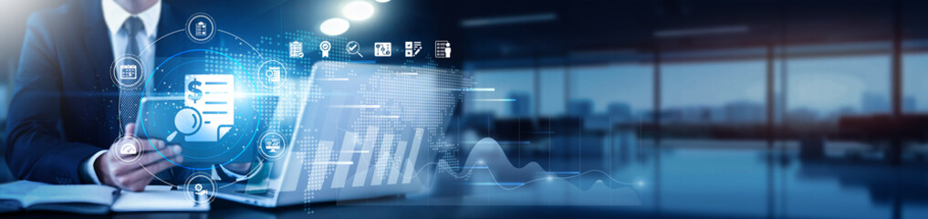 A digital audit using a tablet with a digital interface overlay showing financial data, analytics, and technology graphs for compliance, risk management, performance tracking, data integrity.