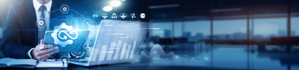A DevOps engineer using a tablet with a digital interface overlay showing CI/CD pipelines, cloud infrastructure metrics, and technology graphs representing container orchestration, deployment status.