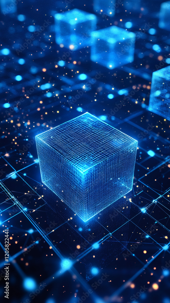Poster blockchain technology concept with digital cube floating on circuit board with glowing particles