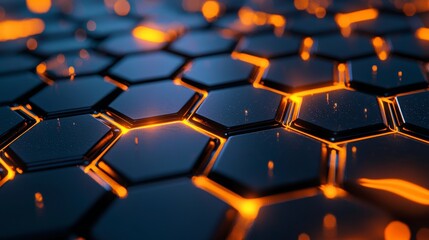 Obraz premium A close-up of a sleek hexagonal grid pattern, where the hexagons have a metallic, reflective surface