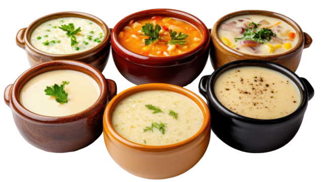Assorted delicious soups in bowls, showcasing vibrant colors and fresh ingredients. transparent background