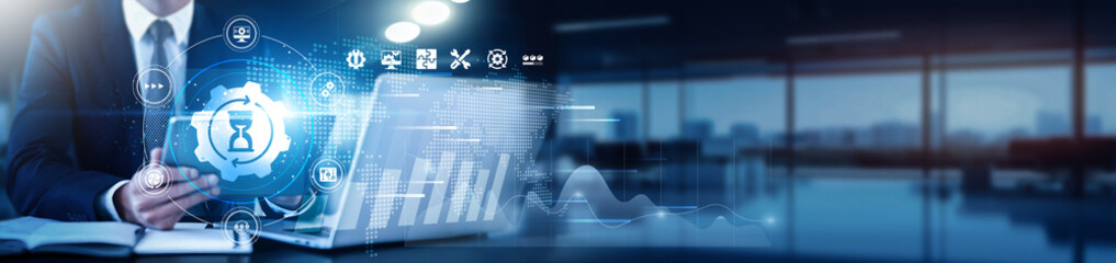 Work In Progress. A professional using a tablet with a digital interface overlay showing insights, trends, technology graphs analyzing, visualizing, interpreting, projecting, forecasting, optimizing.