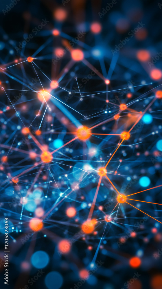 Poster complex network nodes are transferring data through futuristic lines, creating a powerful visualizat