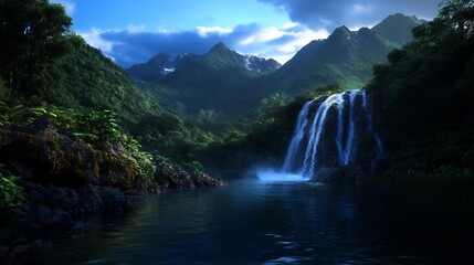 Serene Waterfall in Lush Mountain Valley
