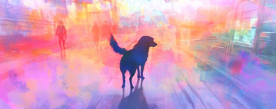 High-angle perspective of a curious dog exploring a surreal urban park