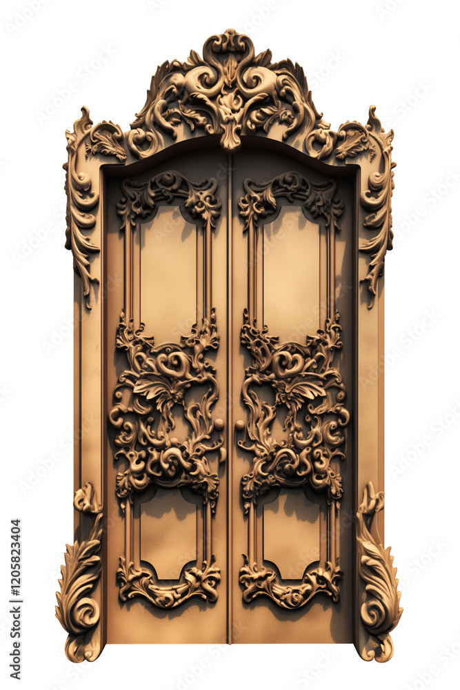 Poster ornate golden door with intricate carvings, isolated on transparency background. detailed design fea